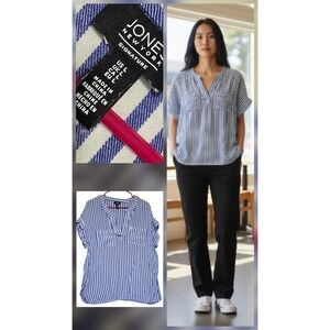 Jones NY Shirt Size L Coastal Nautical Blue White Striped‎ Oversized